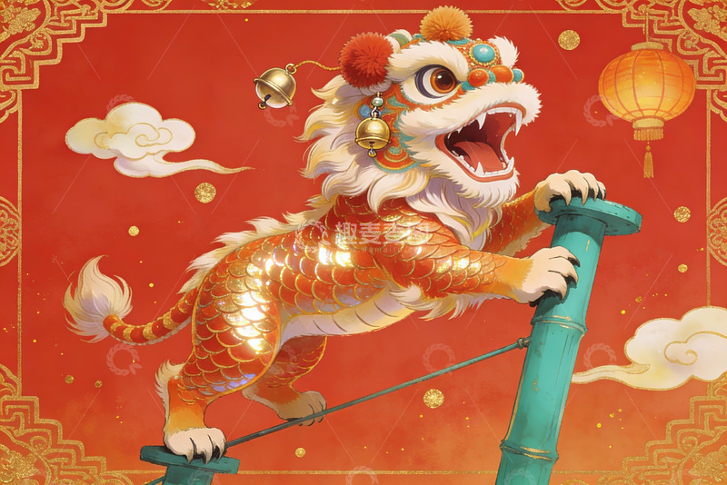 高清大图下载【趣麦麦图】红色背景舞狮图案艺术画