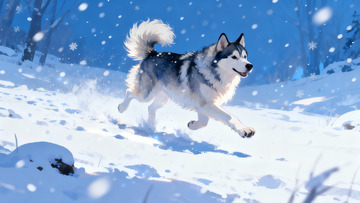 雪地奔跑的哈士奇犬