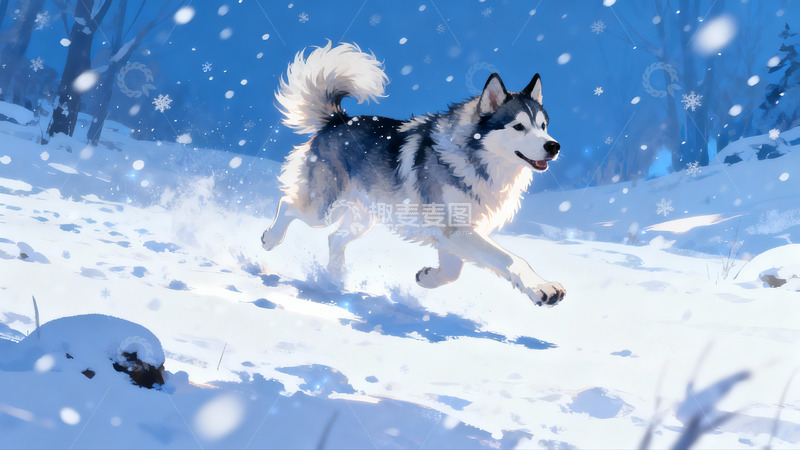 高清大图下载【趣麦麦图】雪地奔跑的哈士奇犬