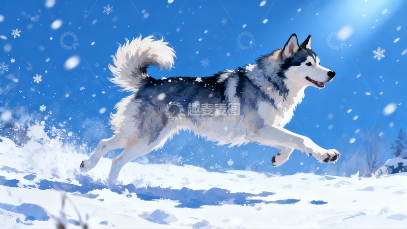 高清大图下载【趣麦麦图】雪地奔跑的哈士奇犬