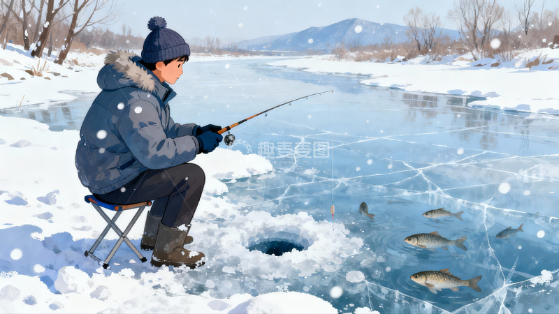 高清大图下载【趣麦麦图】雪地冰钓场景