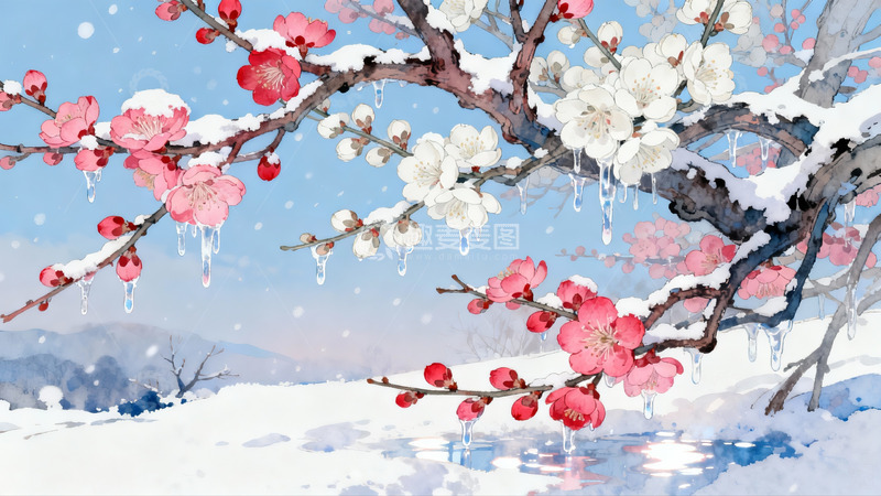 高清大图下载【趣麦麦图】雪中梅花绽放冬日美景