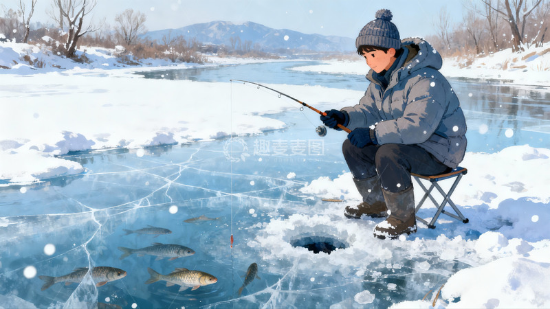 高清大图下载【趣麦麦图】雪地冰钓场景