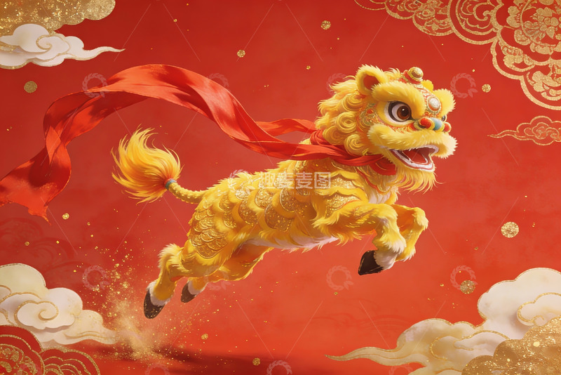 高清大图下载【趣麦麦图】金色舞狮飞跃祥云图案