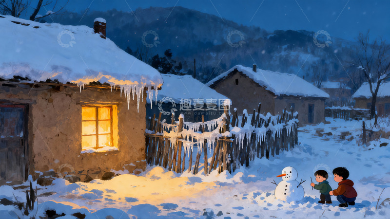 高清大图下载【趣麦麦图】雪夜乡村孩童堆雪人