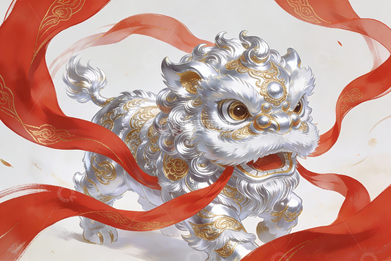 高清大图下载【趣麦麦图】银金狮子舞动红绸祥瑞之象