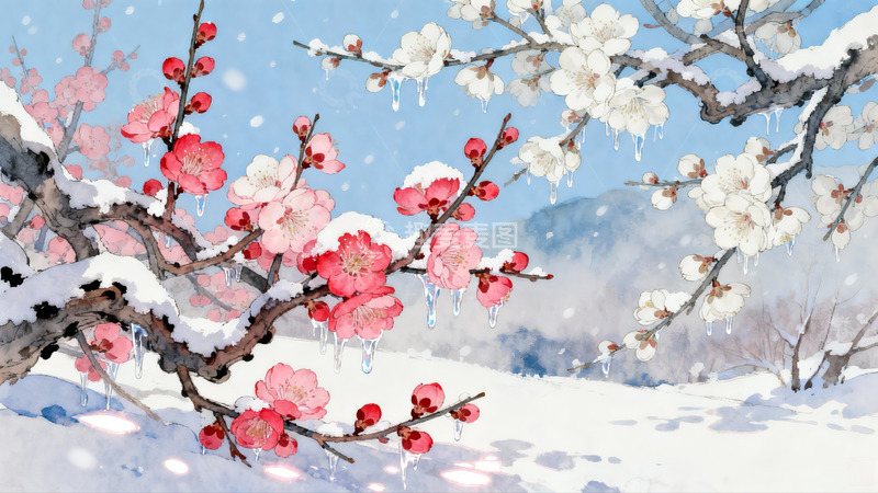 高清大图下载【趣麦麦图】雪中红白梅花绽放