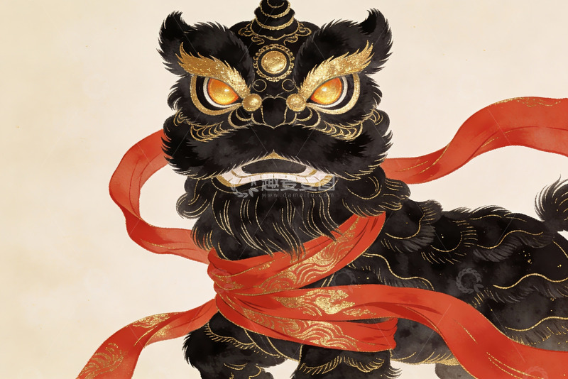 高清大图下载【趣麦麦图】黑金舞狮头饰艺术插画