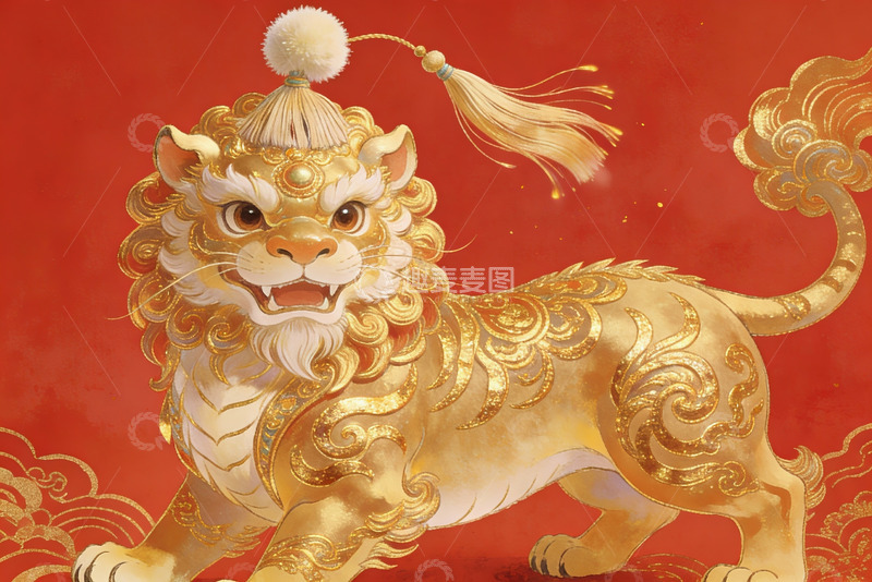 高清大图下载【趣麦麦图】金色瑞兽祥云图案寓意吉祥