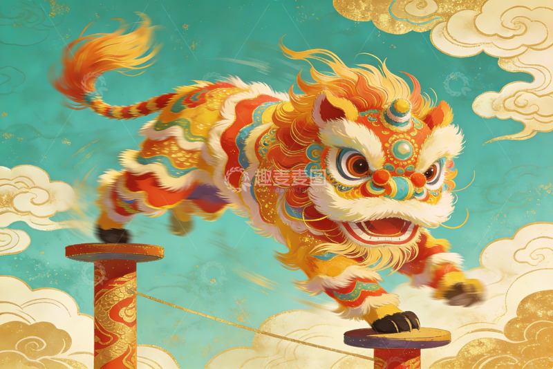 高清大图下载【趣麦麦图】色彩斑斓的舞狮艺术插画