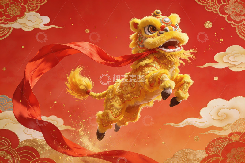 高清大图下载【趣麦麦图】金色舞狮空中飞跃迎新春