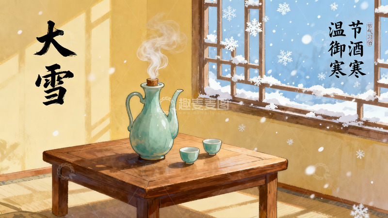 高清大图下载【趣麦麦图】冬日窗前茶香雪景
