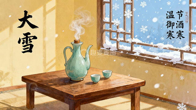 冬日窗前茶香雪景