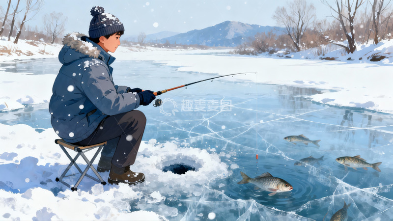 高清大图下载【趣麦麦图】雪地冰钓场景