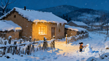 雪夜乡村孩童堆雪人