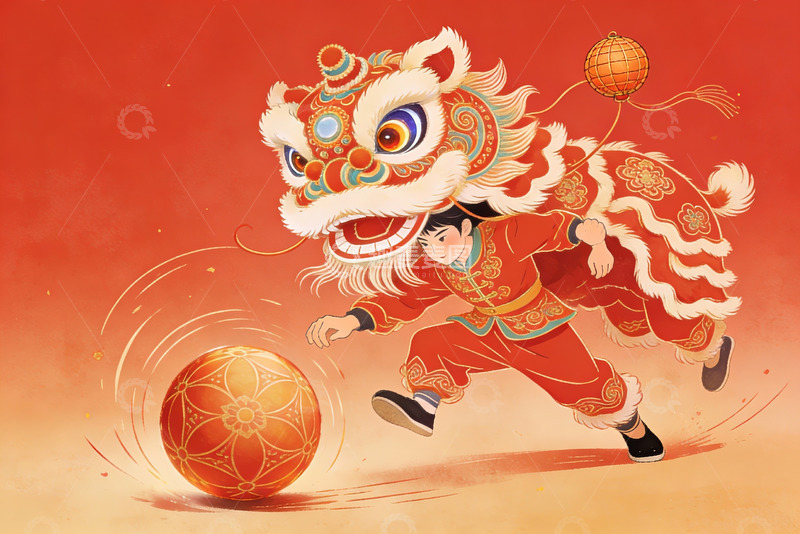 高清大图下载【趣麦麦图】舞狮少年踢球迎新春
