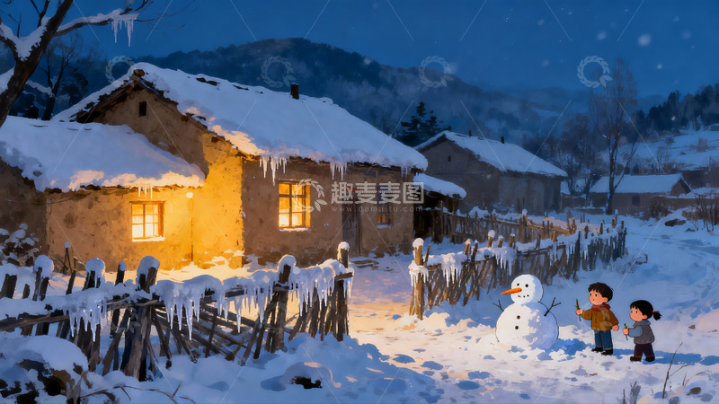 高清大图下载【趣麦麦图】雪夜乡村孩童堆雪人