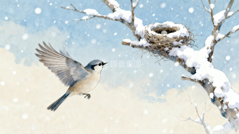 高清大图下载【趣麦麦图】雪中飞鸟与巢穴