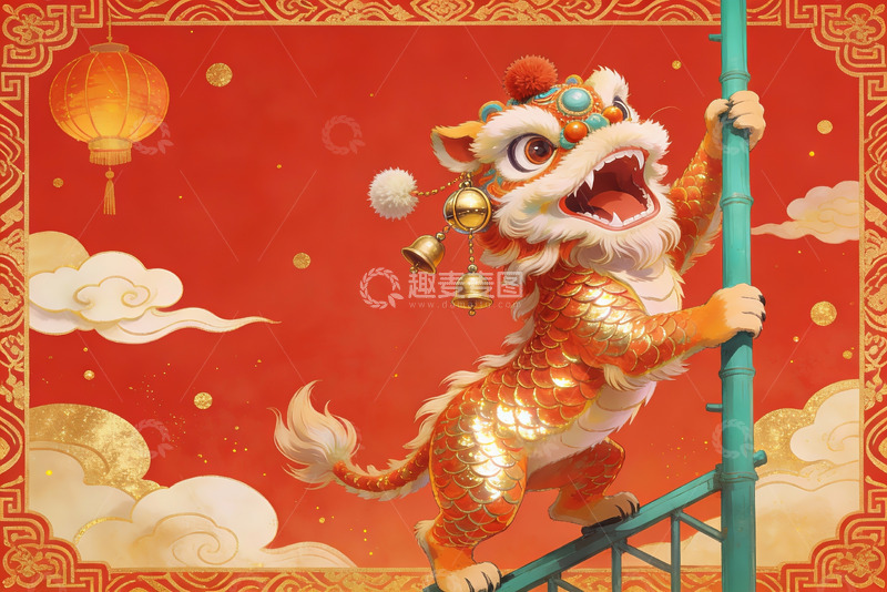 高清大图下载【趣麦麦图】舞狮攀竹迎新春
