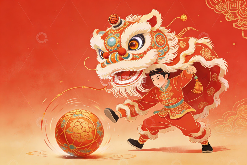 高清大图下载【趣麦麦图】舞狮少年踢球迎新春