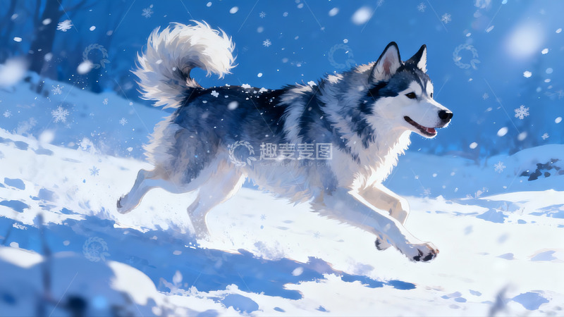 高清大图下载【趣麦麦图】雪地奔跑的哈士奇犬