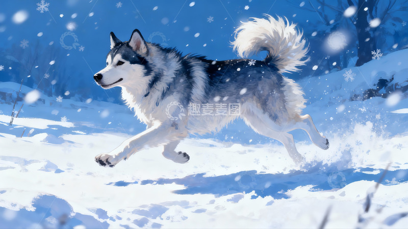 高清大图下载【趣麦麦图】雪地奔跑的哈士奇犬