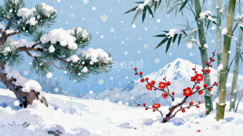 高清大图下载【趣麦麦图】雪景松竹梅冬日画卷