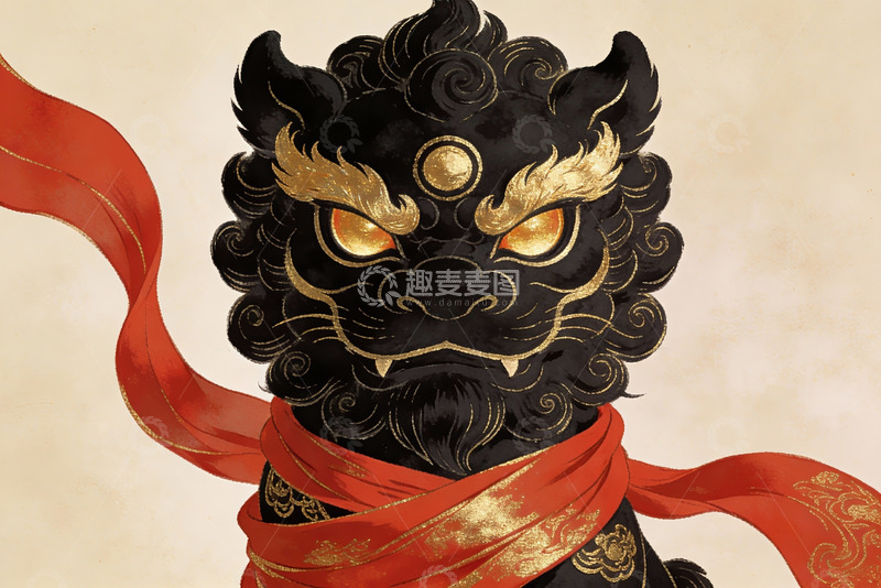高清大图下载【趣麦麦图】黑金神兽头像配红绸飘带