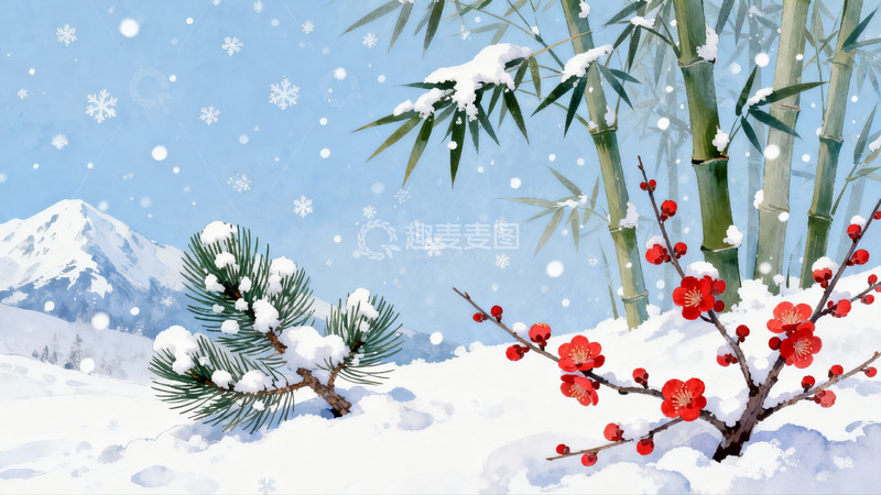 高清大图下载【趣麦麦图】雪中竹梅山景图