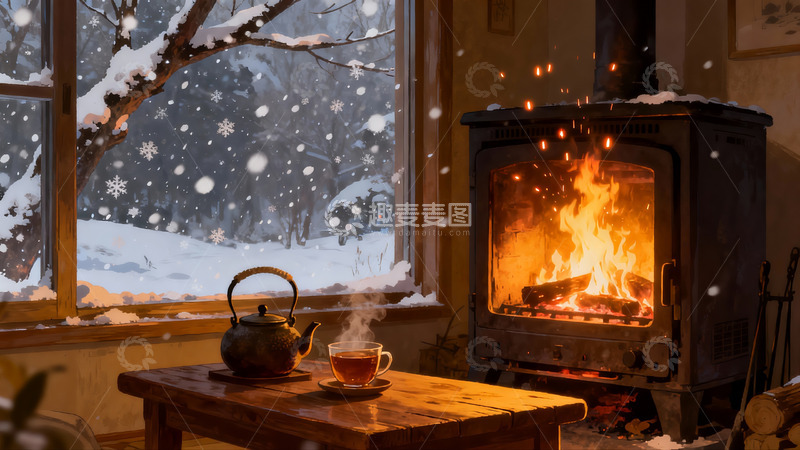 高清大图下载【趣麦麦图】冬日暖炉窗景茶香