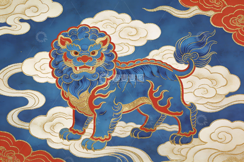 高清大图下载【趣麦麦图】蓝色祥云瑞兽图案艺术画