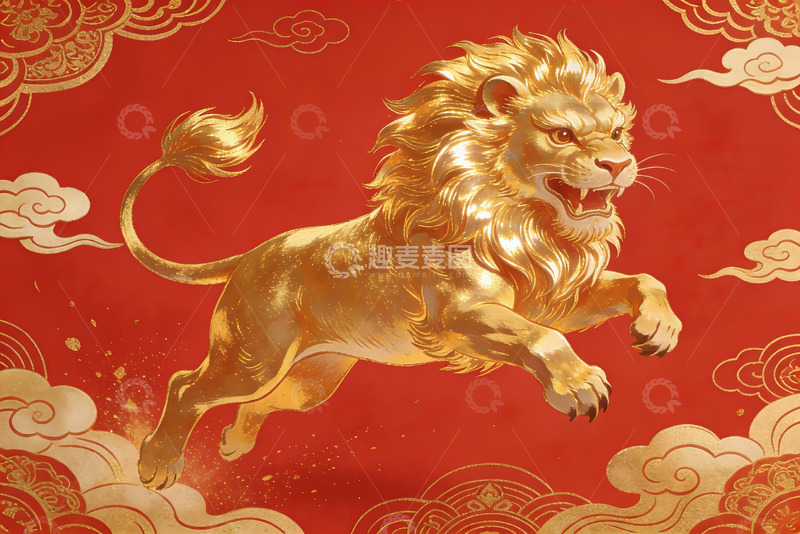 高清大图下载【趣麦麦图】金色狮子跃云图