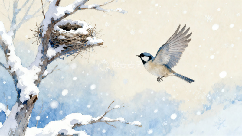 高清大图下载【趣麦麦图】雪中飞鸟与巢穴