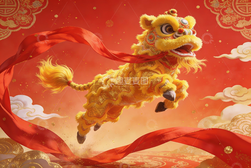 高清大图下载【趣麦麦图】金色舞狮腾空飞跃红色背景