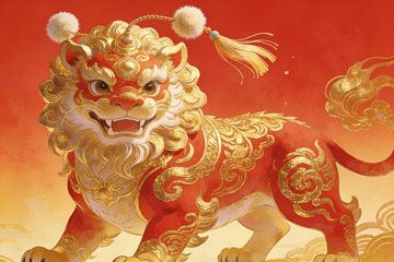 红色背景金色瑞兽图案
