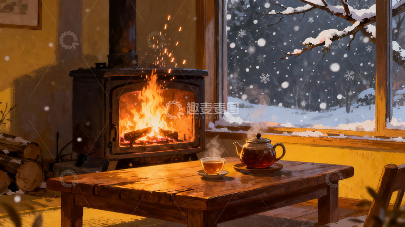 高清大图下载【趣麦麦图】冬日暖炉窗景茶香四溢