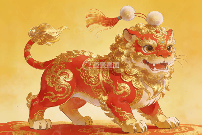 高清大图下载【趣麦麦图】红色金色神兽狮子形象