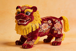 红色绣花狮子玩偶特写