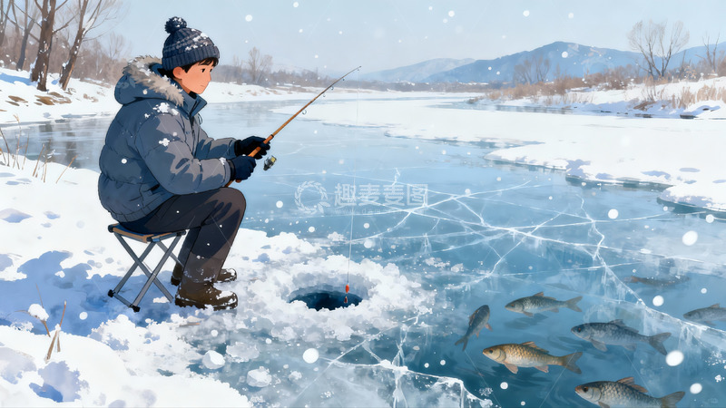 高清大图下载【趣麦麦图】雪地冰钓场景