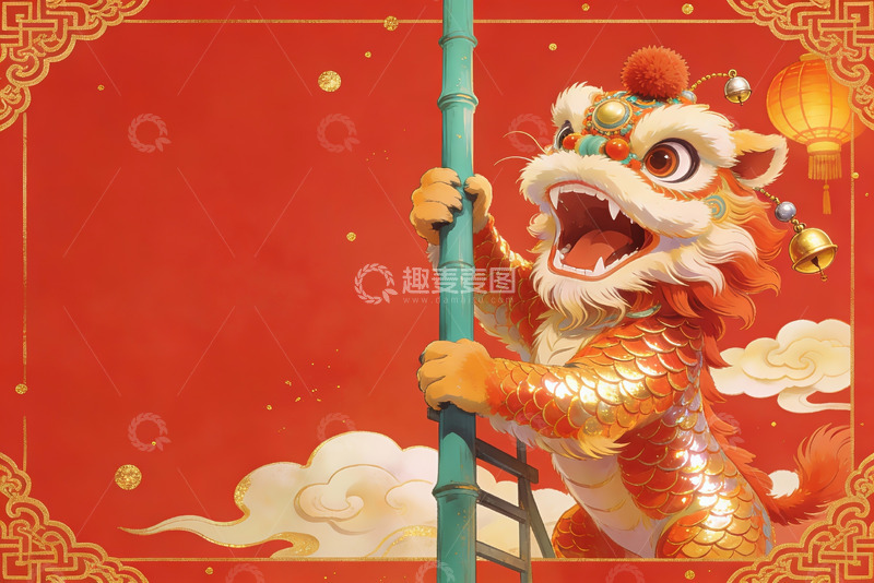 高清大图下载【趣麦麦图】红色背景下的舞狮图案