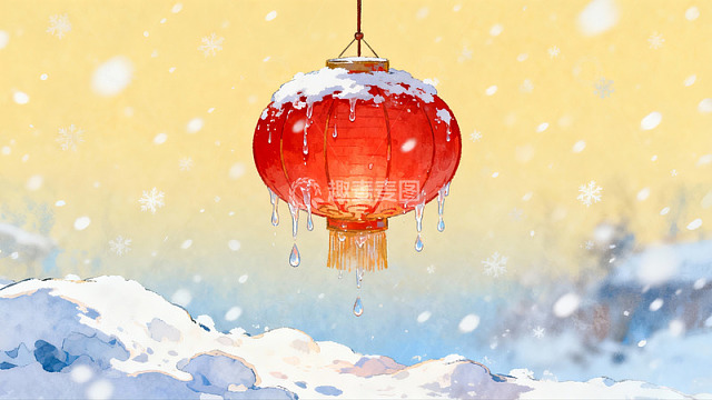 雪中红灯笼挂空中