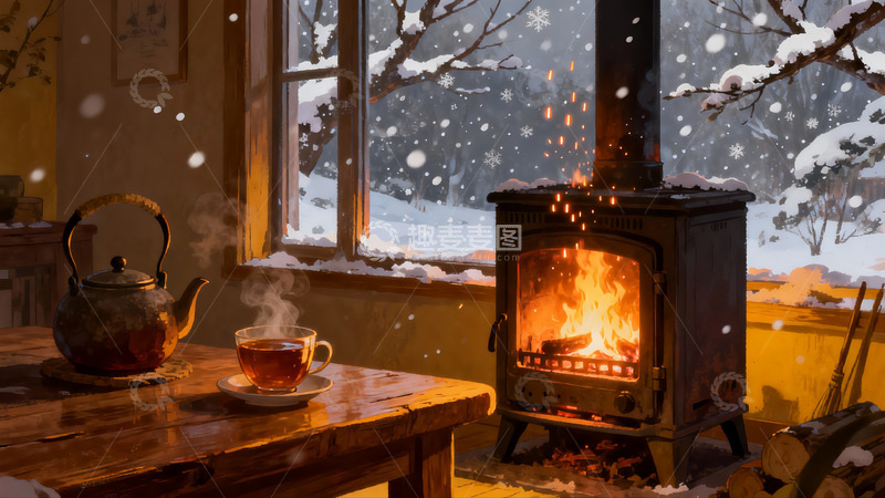 高清大图下载【趣麦麦图】冬日暖炉窗外雪景