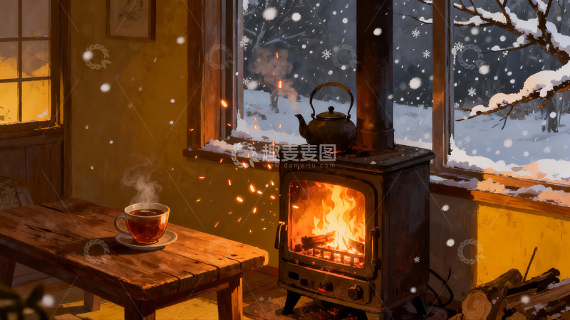 高清大图下载【趣麦麦图】冬日暖炉窗外雪景