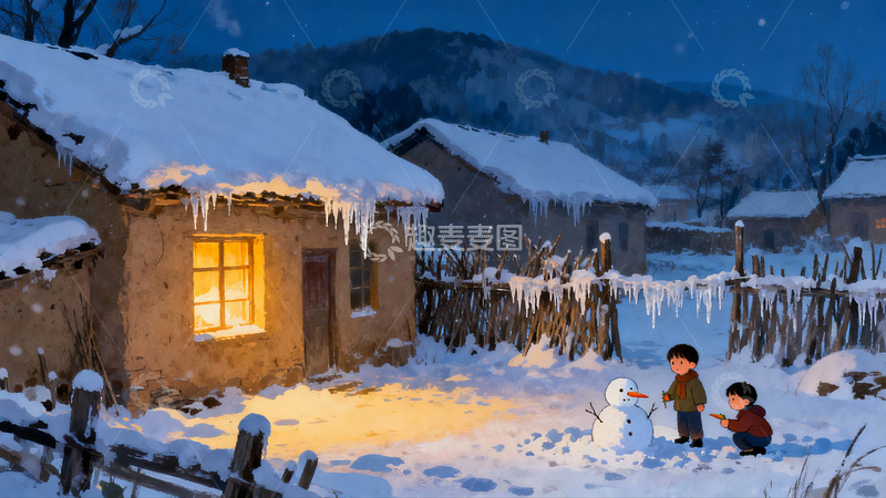 高清大图下载【趣麦麦图】雪夜乡村孩童堆雪人