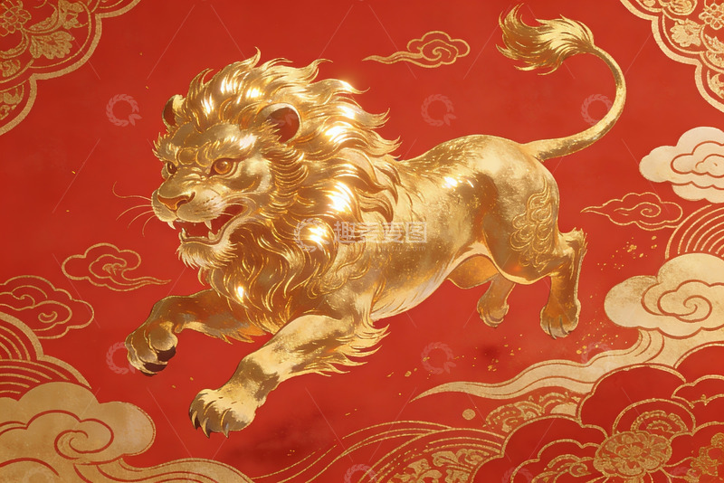 高清大图下载【趣麦麦图】金色狮子跃动于红色祥云背景之上