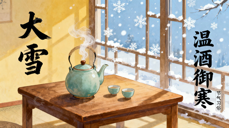 高清大图下载【趣麦麦图】冬日窗前温酒御寒图