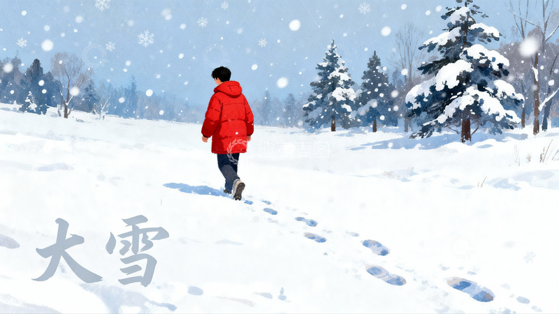 高清大图下载【趣麦麦图】雪地红衣人行走留下脚印