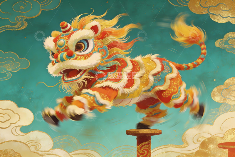 高清大图下载【趣麦麦图】色彩斑斓舞狮跃动云端