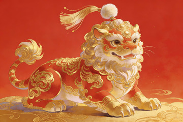 红色背景下的金色瑞兽图案