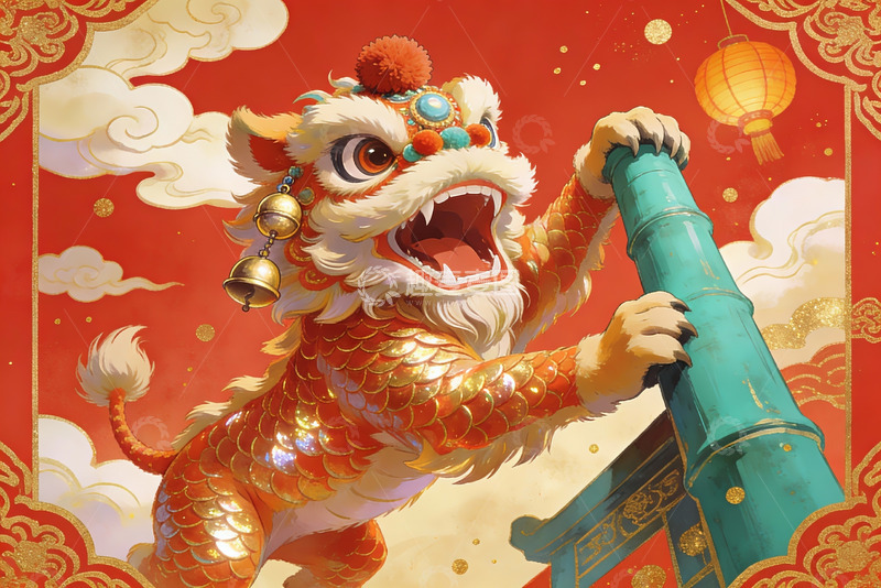 高清大图下载【趣麦麦图】舞狮手持长筒节日喜庆画面